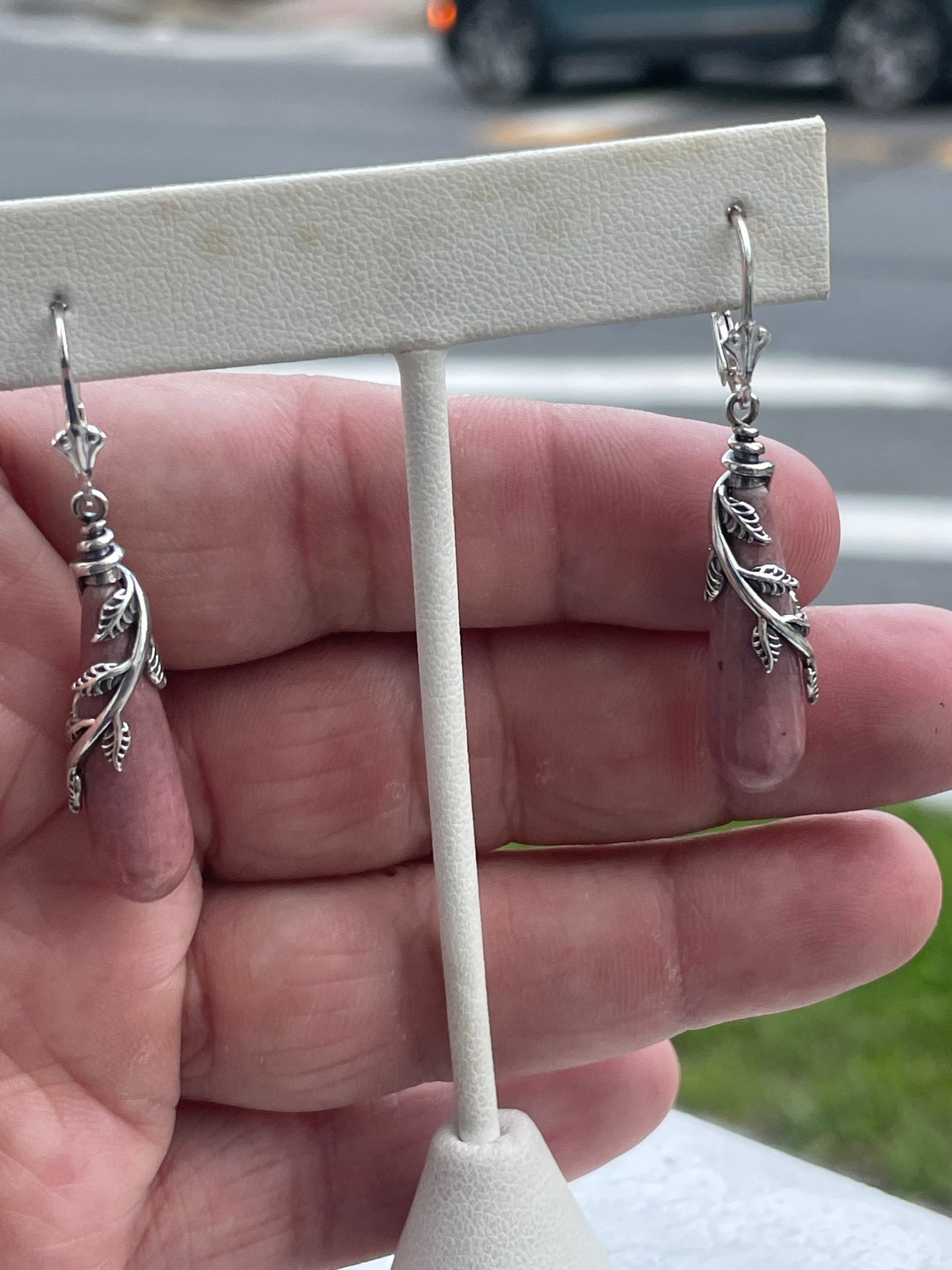 925 Sterling Silver Rhodochrosite Elongated Stone Dangle Earrings