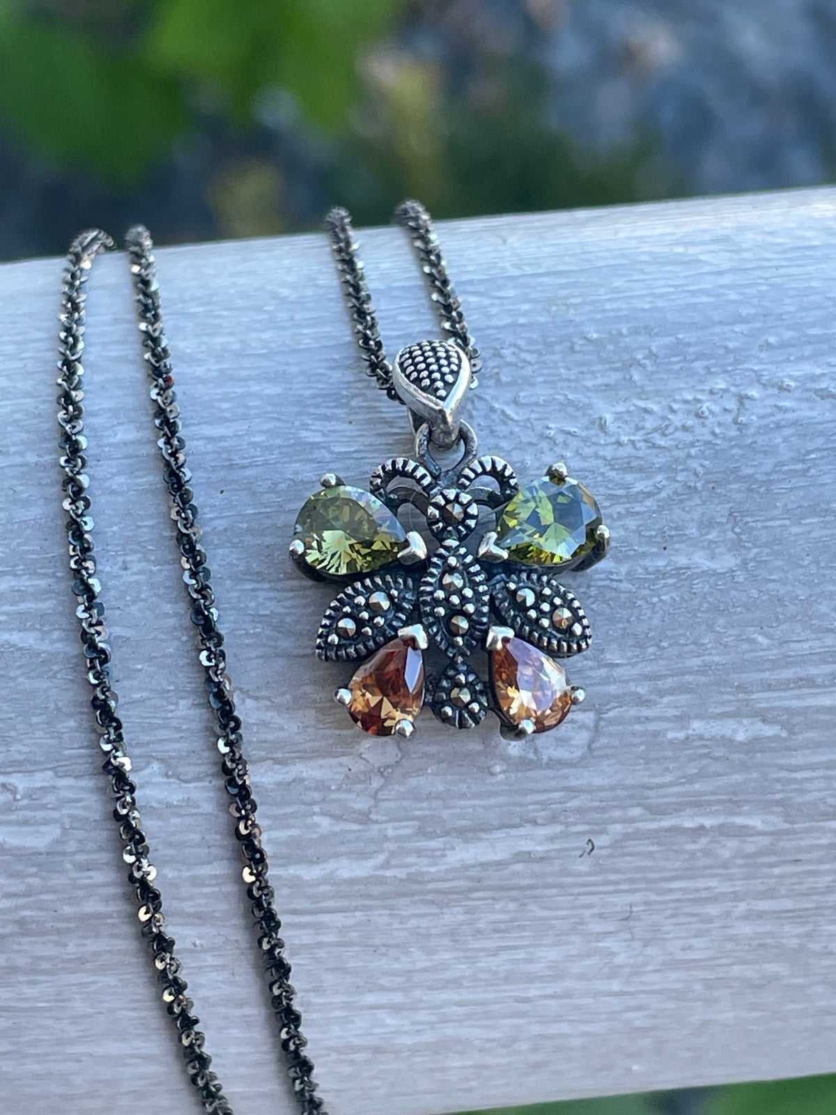 925 Sterling Silver Peridot, Citrine & Marcasite Butterfly Necklace 20”