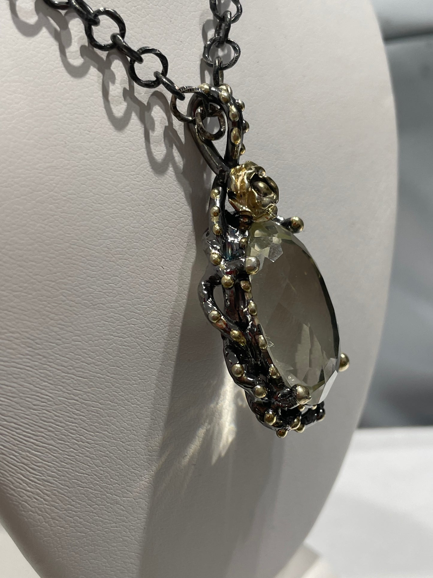 925 Oxidized Sterling Silver Large Light Yellow Citrine Necklace with Vermeil beaded highlights 20”