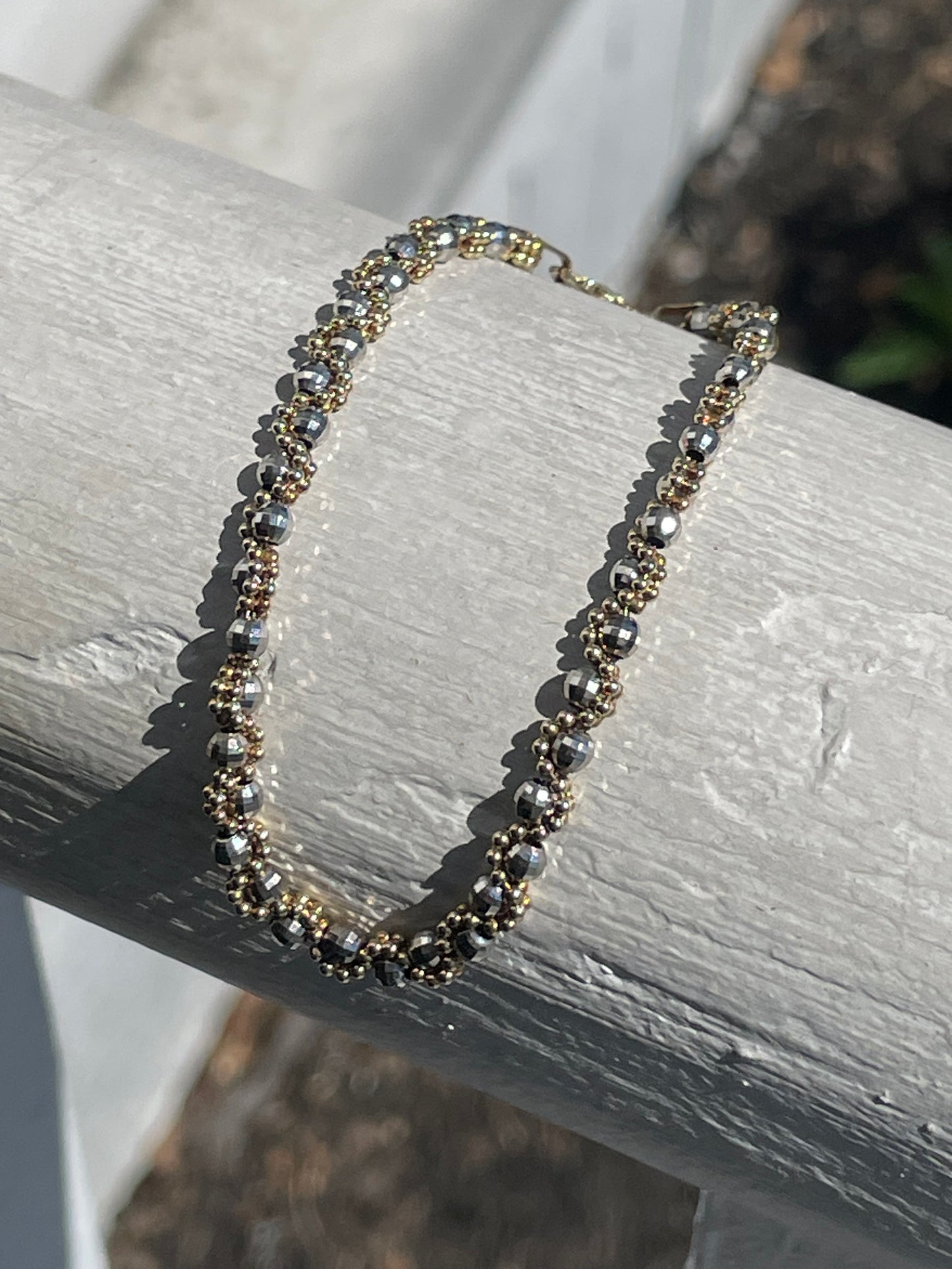 14k White & Yellow Gold Braided Beaded Bracelet 7”
