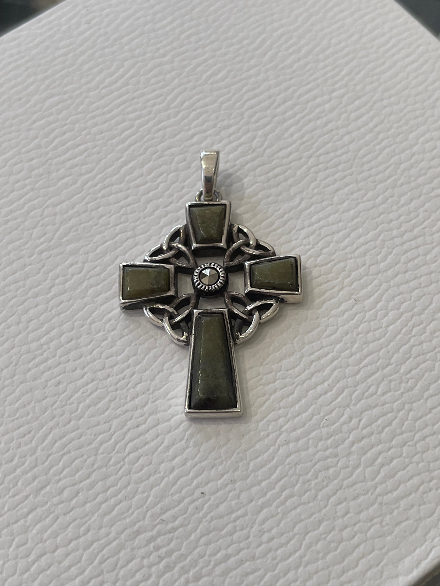 925 Sterling Silver Made In Ireland Green Marble & Marcasite Cross Pendant