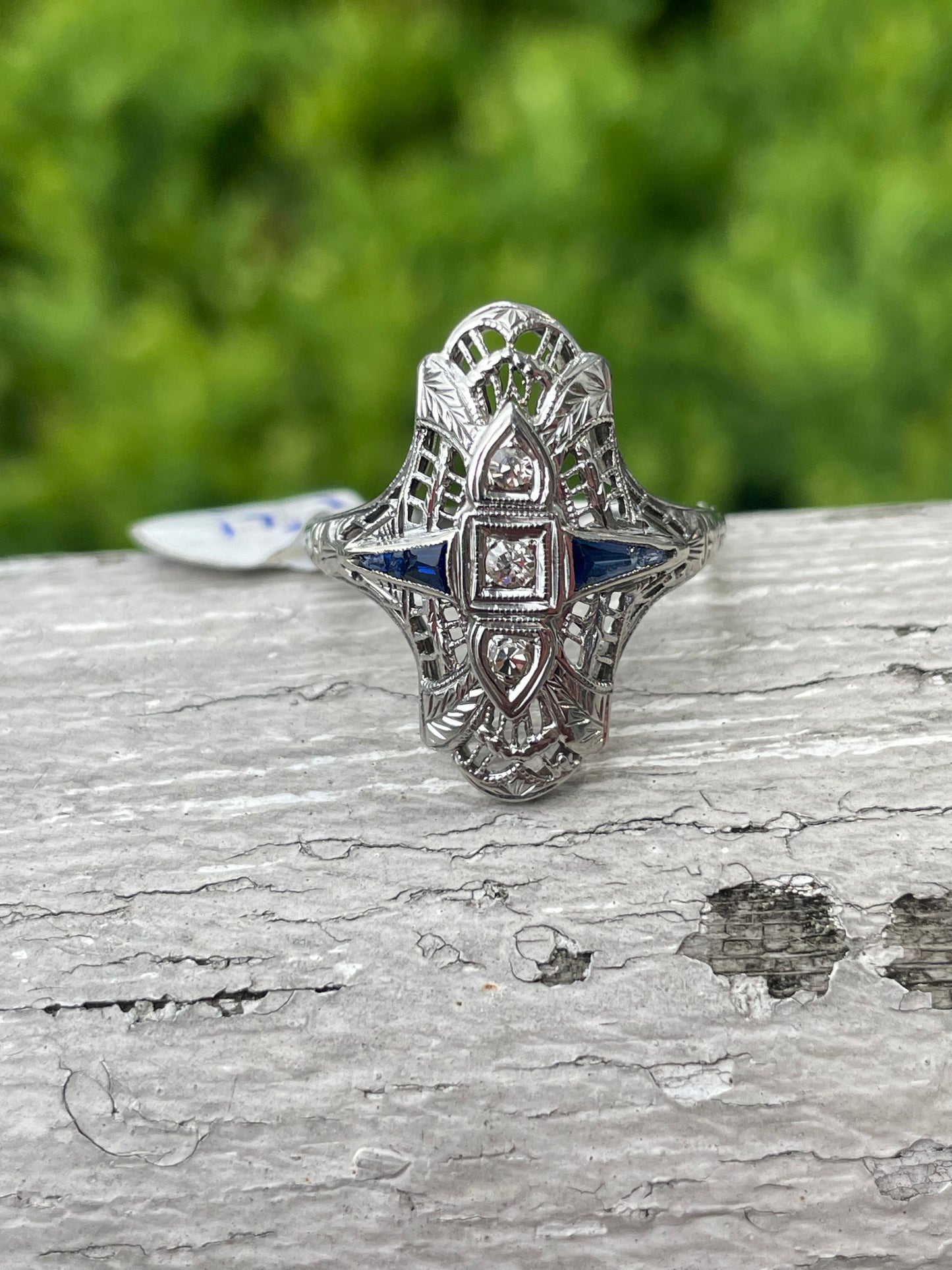 Antique 18k White Gold Diamond & Sapphire Art Deco Ring Circa 1900