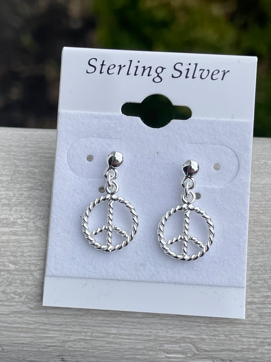 925 Sterling Silver Peace Sign Dangle Earrings