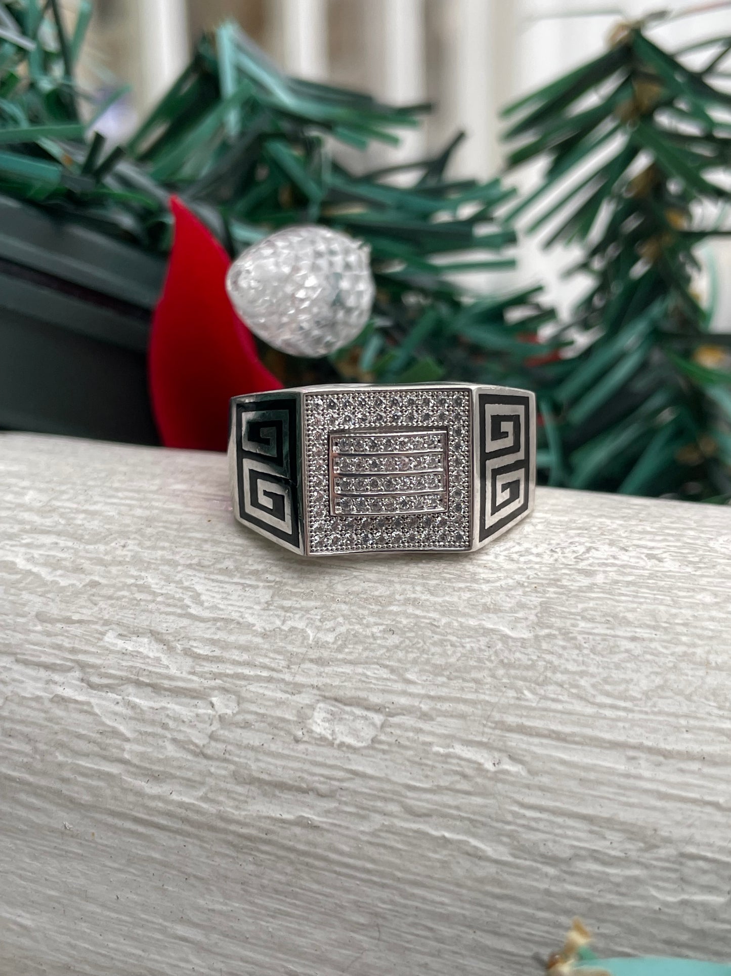 925 Sterling Silver Men’s Cz Greek Key Signet Ring Size 12