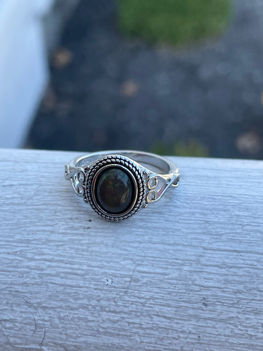 925 Sterling Silver Simulated Black Opal Ring Size 8