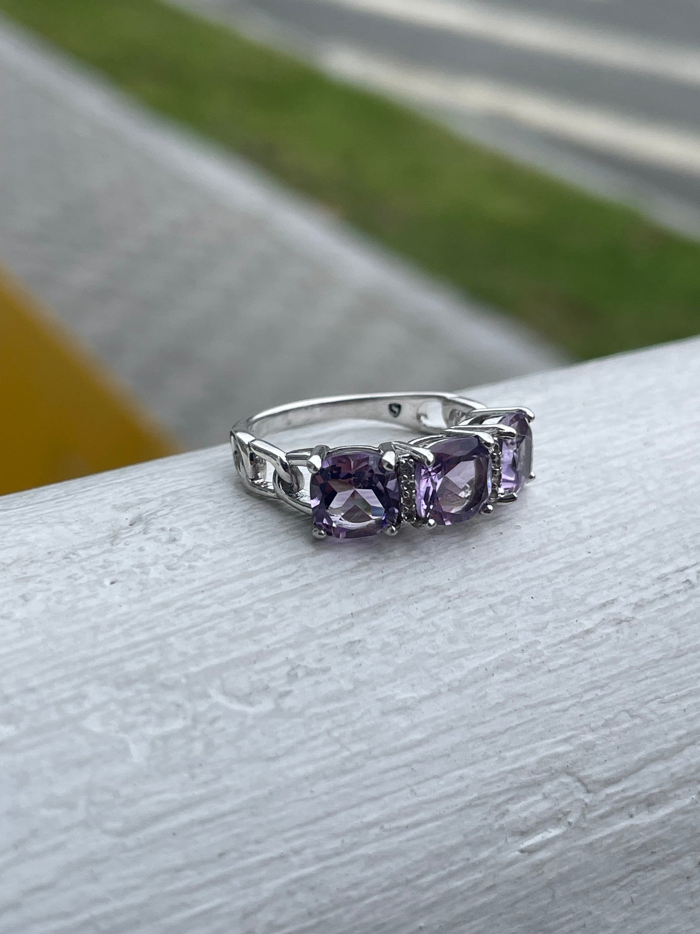 925 Sterling Silver Past Present Future Amethyst & Cz Band Ring Size 6