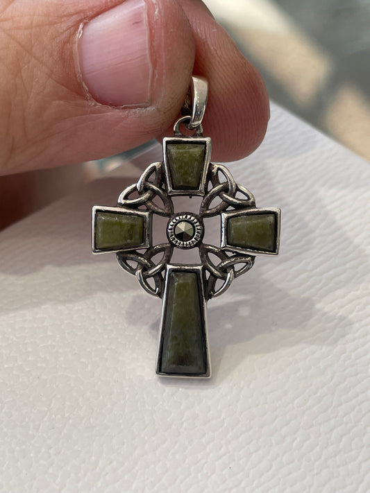 925 Sterling Silver Made In Ireland Green Marble & Marcasite Cross Pendant
