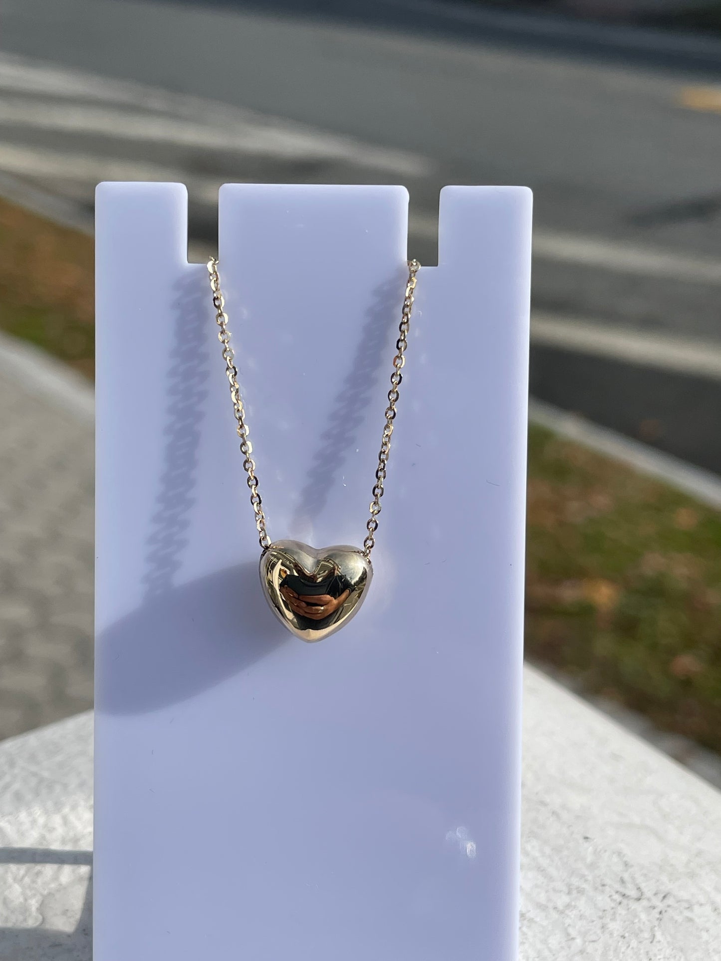 14k Gold Solitaire 12mm Puffy Heart Necklace 15”-17”