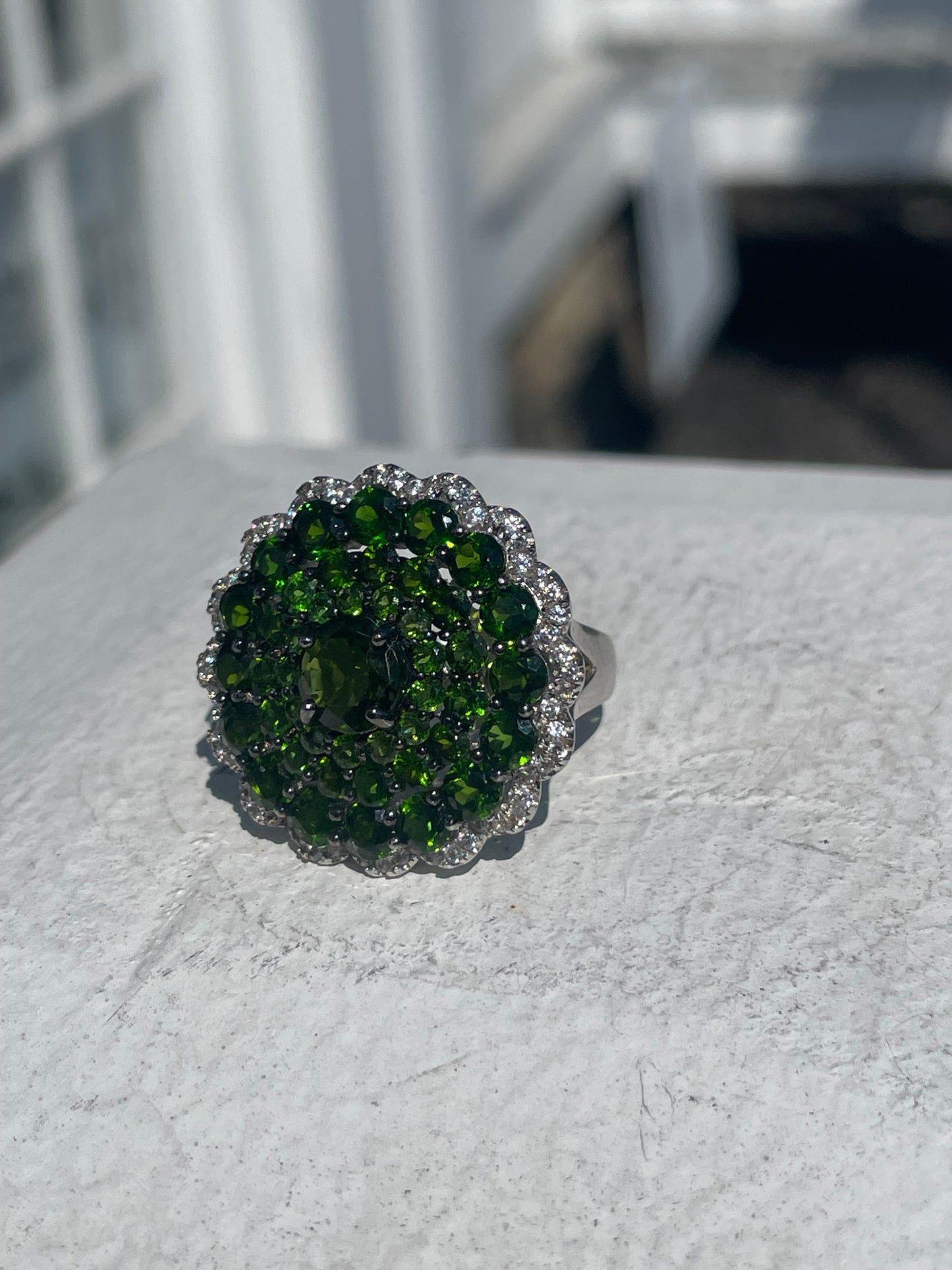 925 Sterling Silver Chrome Diopside & Cz Cluster Ring Size 6