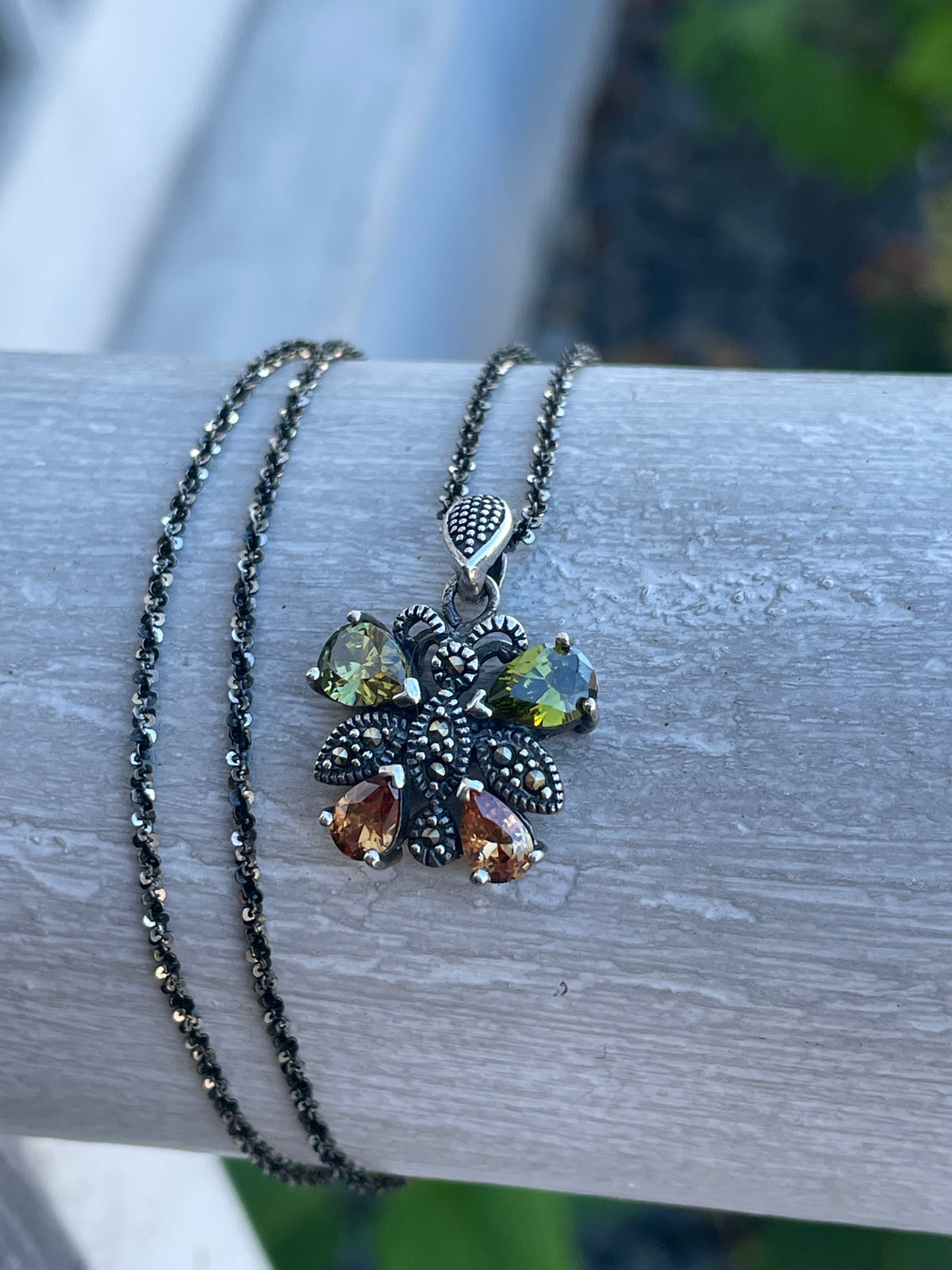925 Sterling Silver Peridot, Citrine & Marcasite Butterfly Necklace 20”