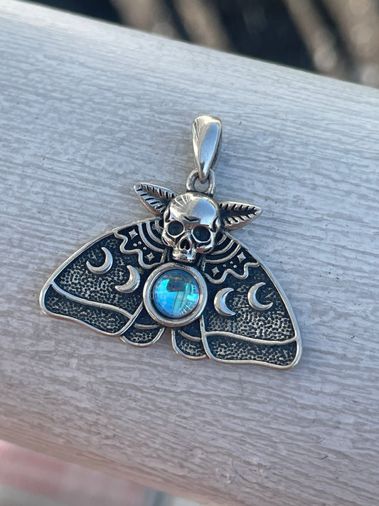925 Sterling Silver Cycle of Life Lunar Skull Moth Pendant