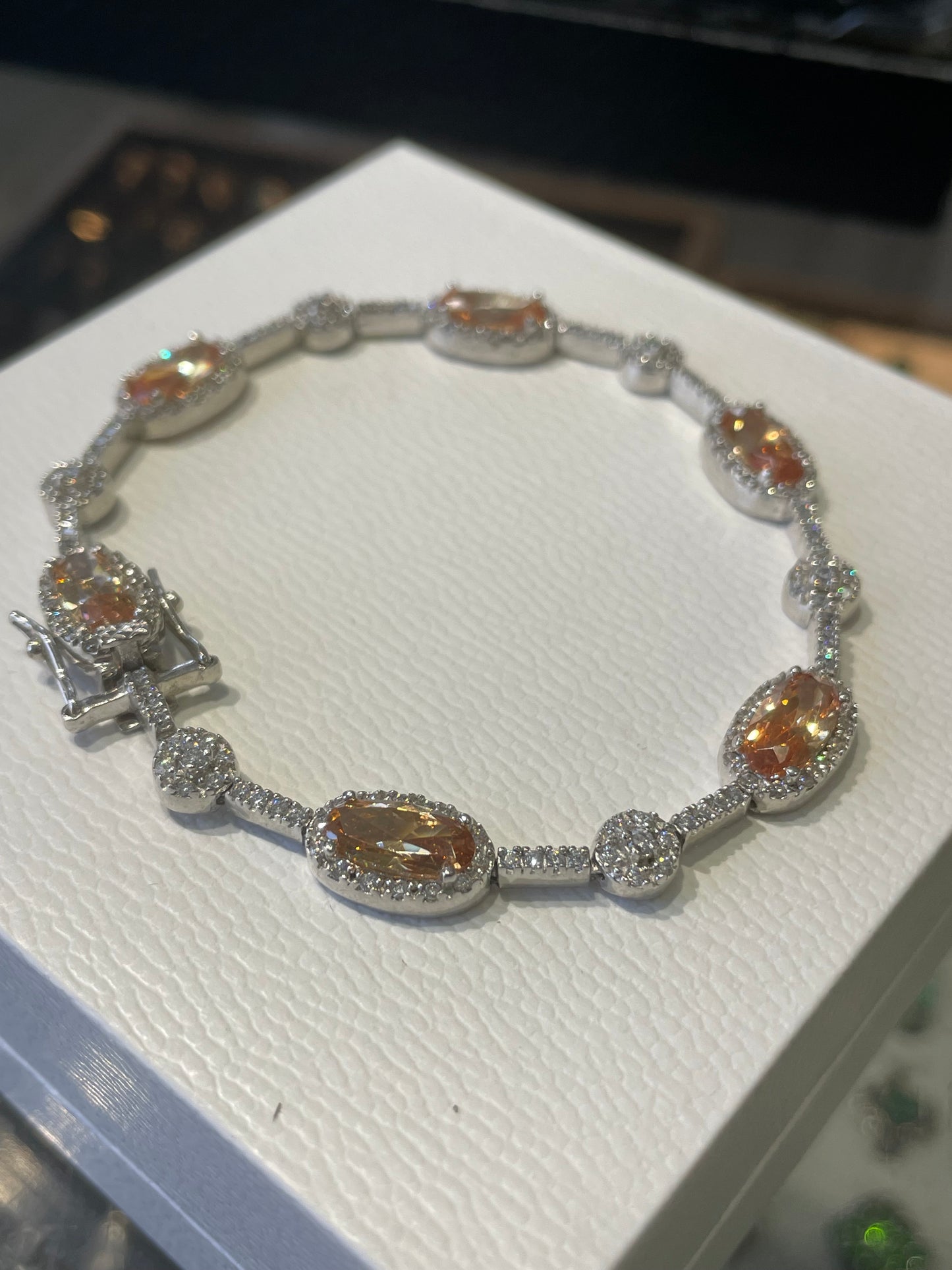 925 Sterling Silver Citrine Cz Tennis Bracelet 7.5”