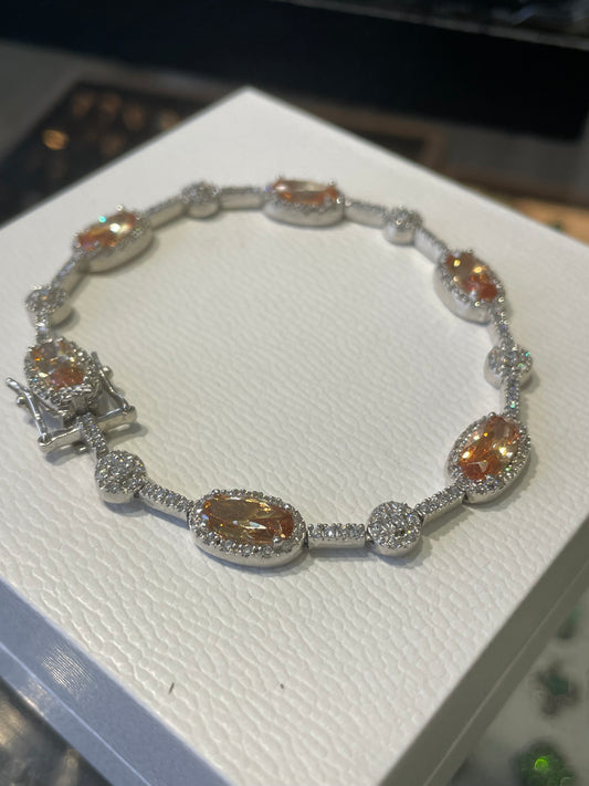 925 Sterling Silver Citrine Cz Tennis Bracelet 7.5”