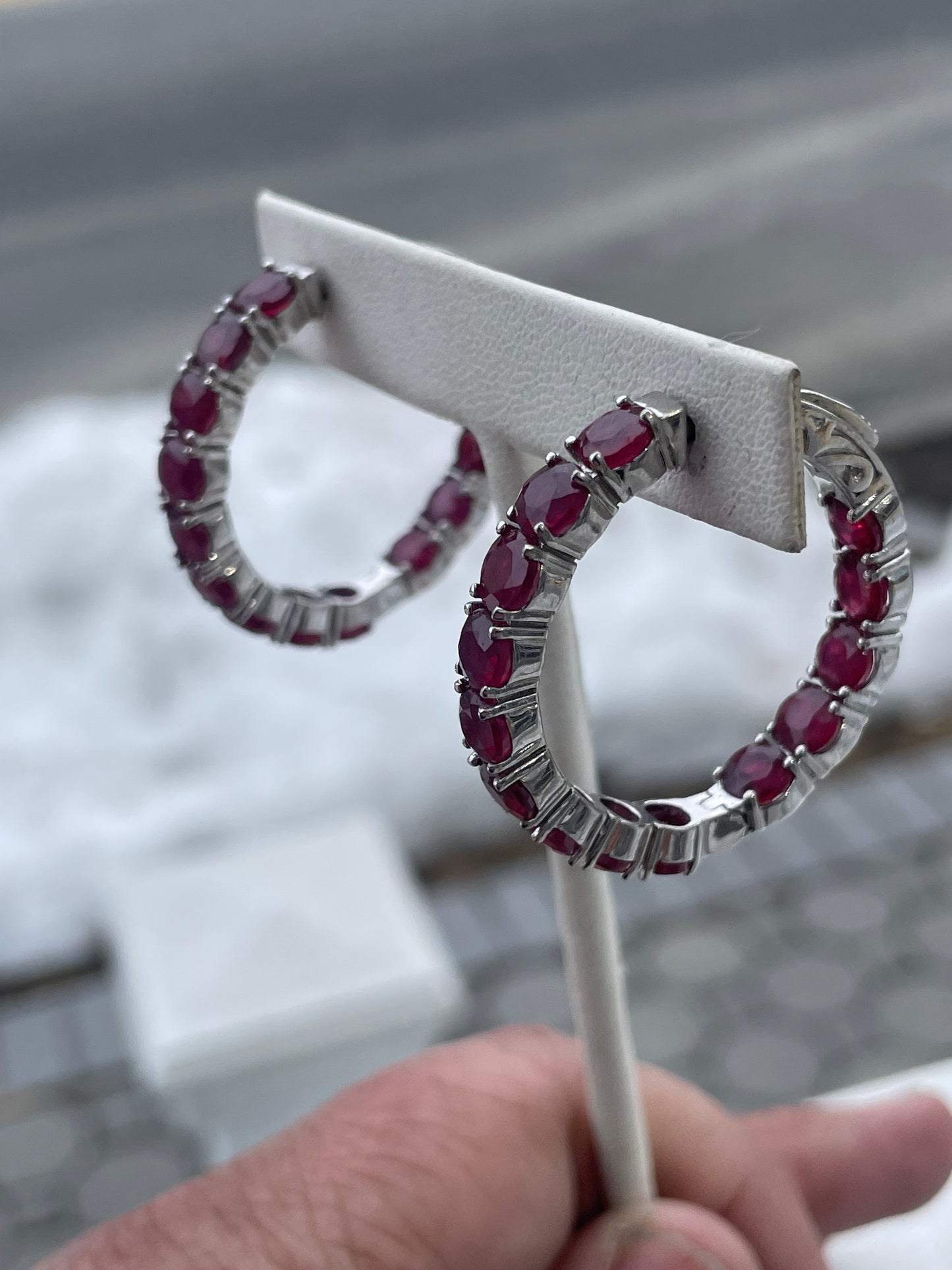 925 Sterling Silver Lab Created Ruby 35mm Stone Hoop Earrings