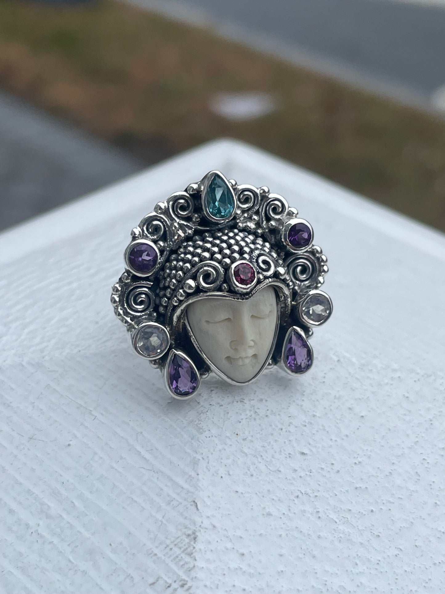 Designer Sajen 925 Sterling Silver Bali Goddess Headdress Ring Size 7