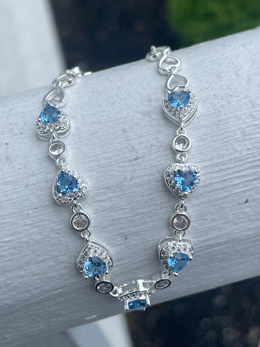 925 Sterling Silver Blue Topaz Heart Shape Stone Tennis Bracelet w/ Cz 6.5”-8”