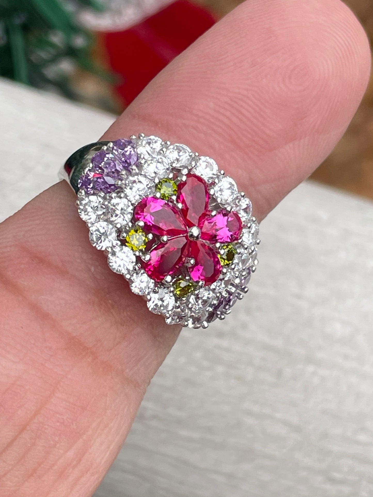Silver Multi-Colored Cz Flower Bouquet Ring