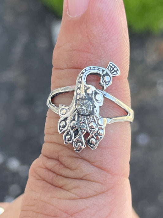 925 Sterling Silver Peacock Ring with Marcasite stones size 7.5