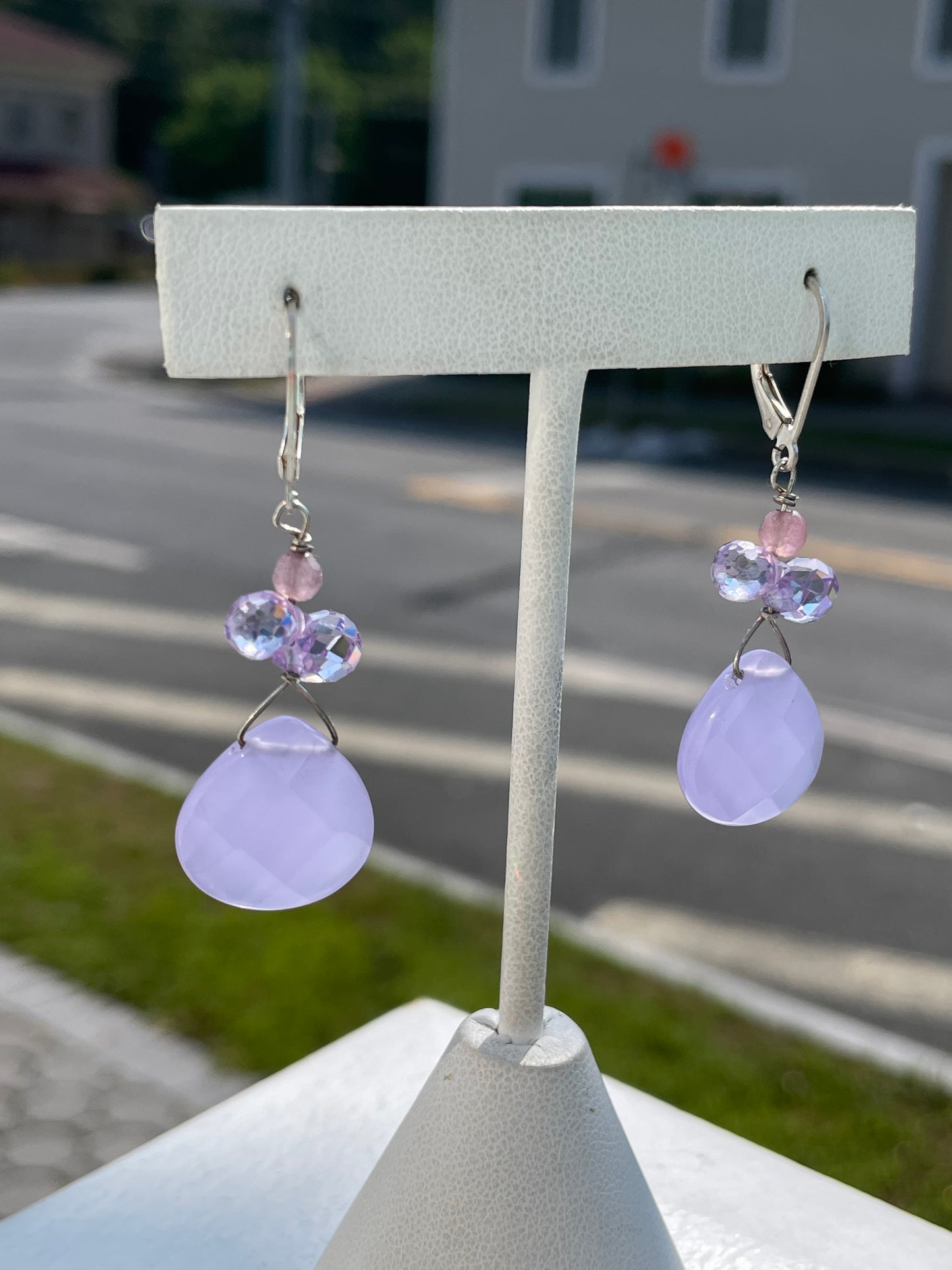 925 Sterling Silver Lavender Crystal Cluster Dangle Earrings