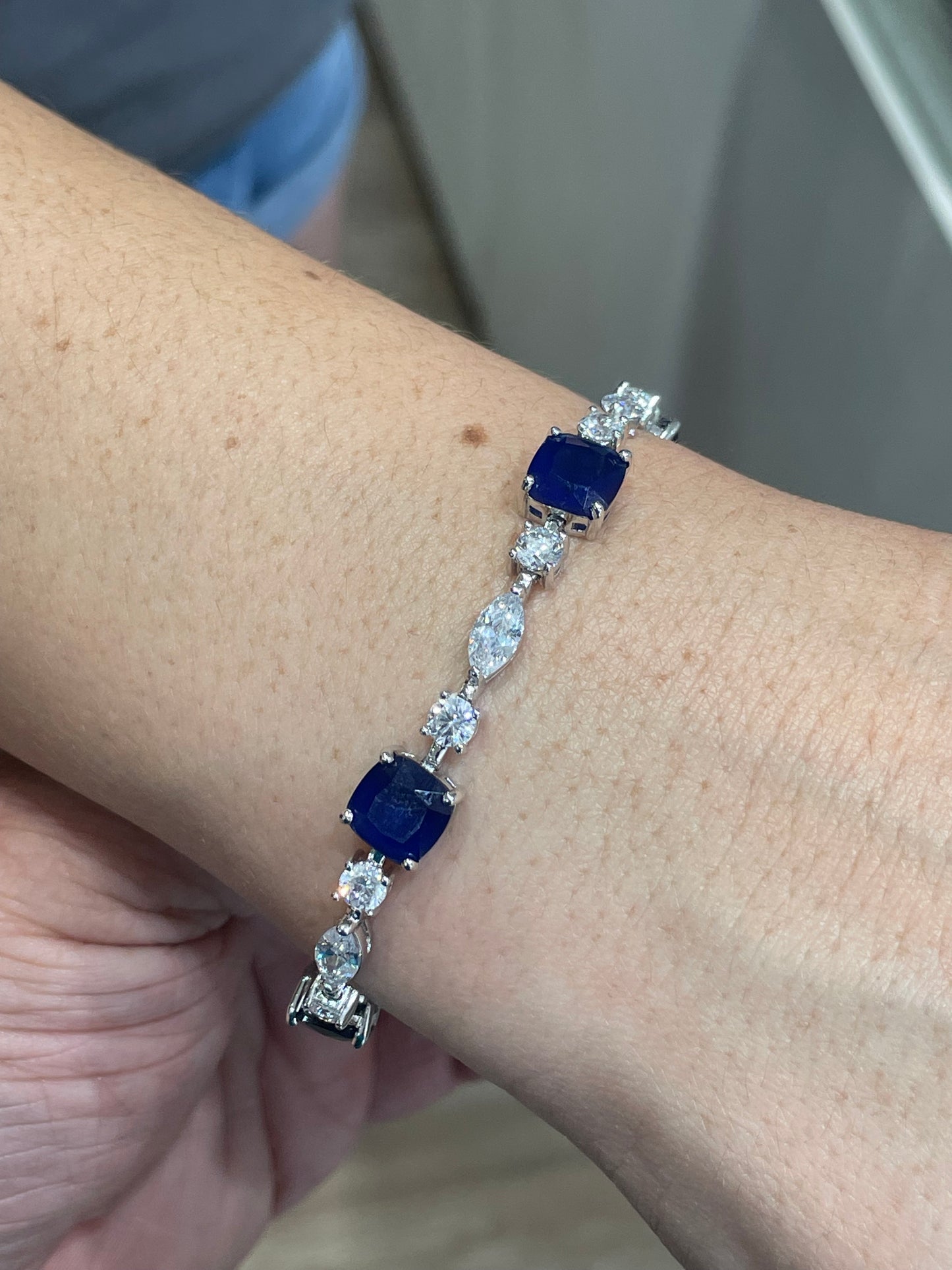 925 Sterling Silver Simulated Cushion Cut Sapphire and Clear Zirconia Tennis Bracelet 7”