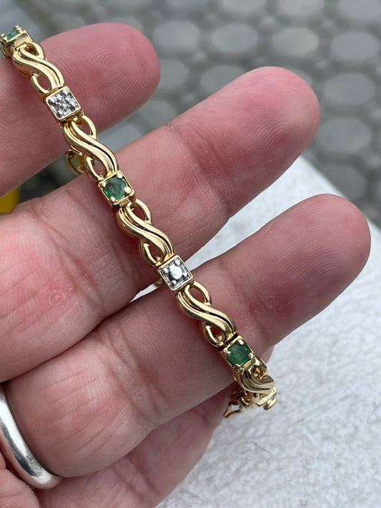 925 Sterling Silver Vermeil Natural Emerald & Diamond XO Bracelet 7.25”