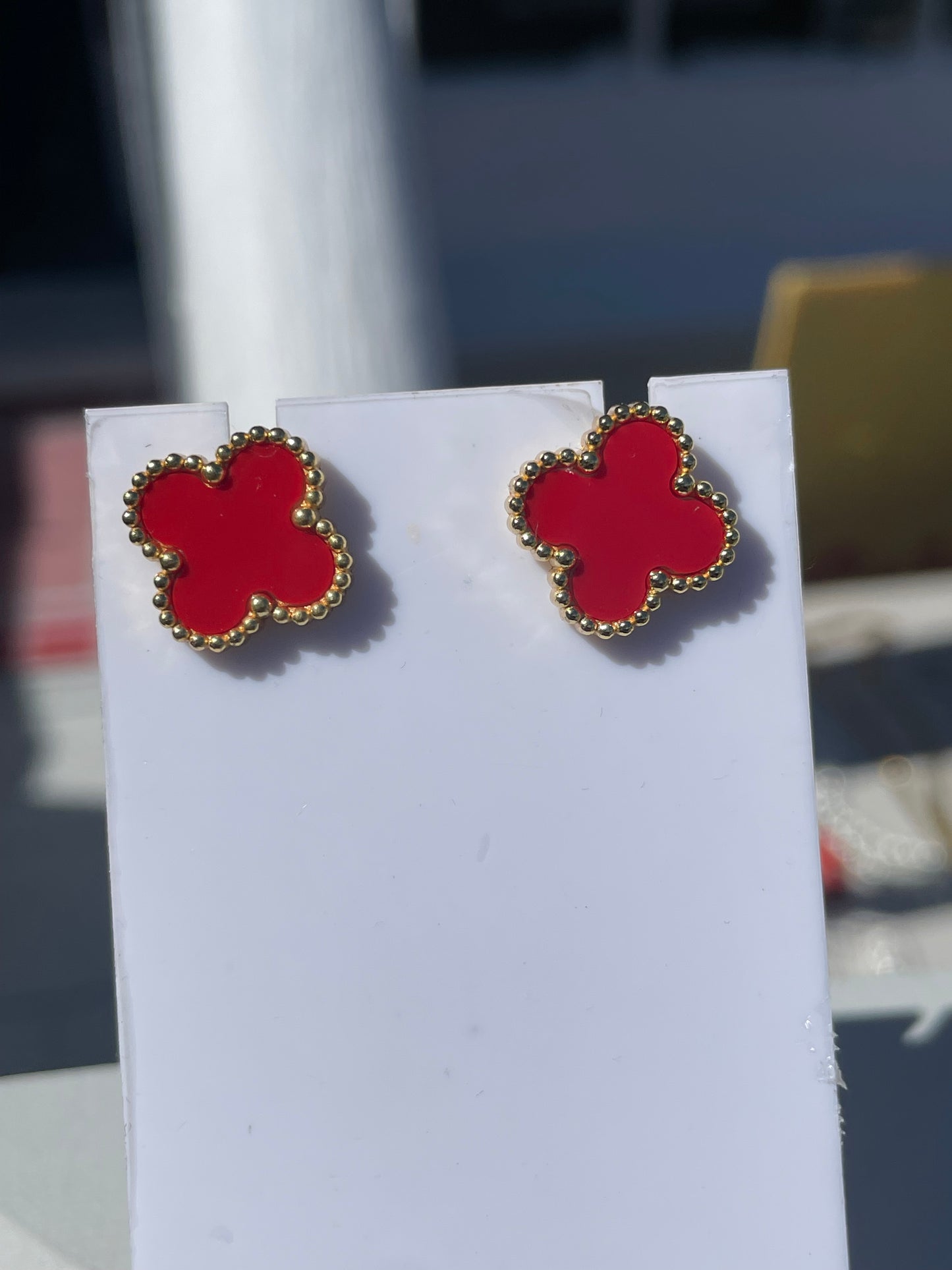 Stainless steel vermeil red quatrefoil stud earrings