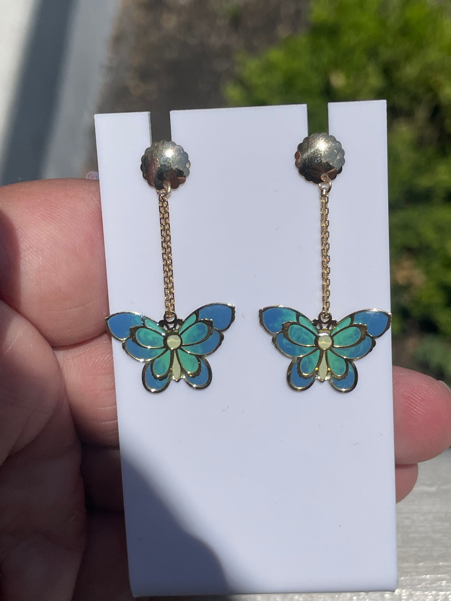 14k Gold Blue Enamel Butterfly Dangle Earrings