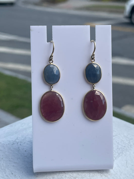14k Gold Peach & Periwinkle Blue Agate Dangle Earrings