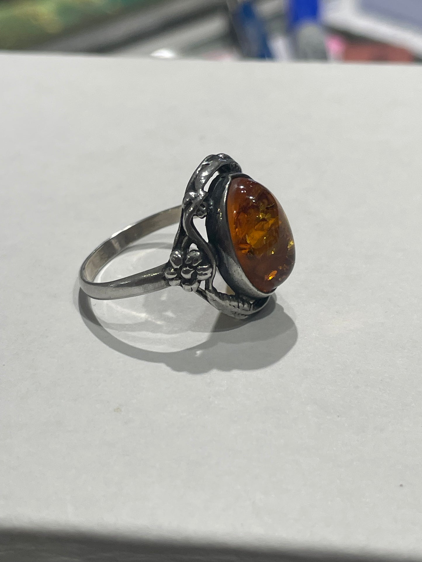 925 Sterling Silver Vintage Amber Ring Size 9