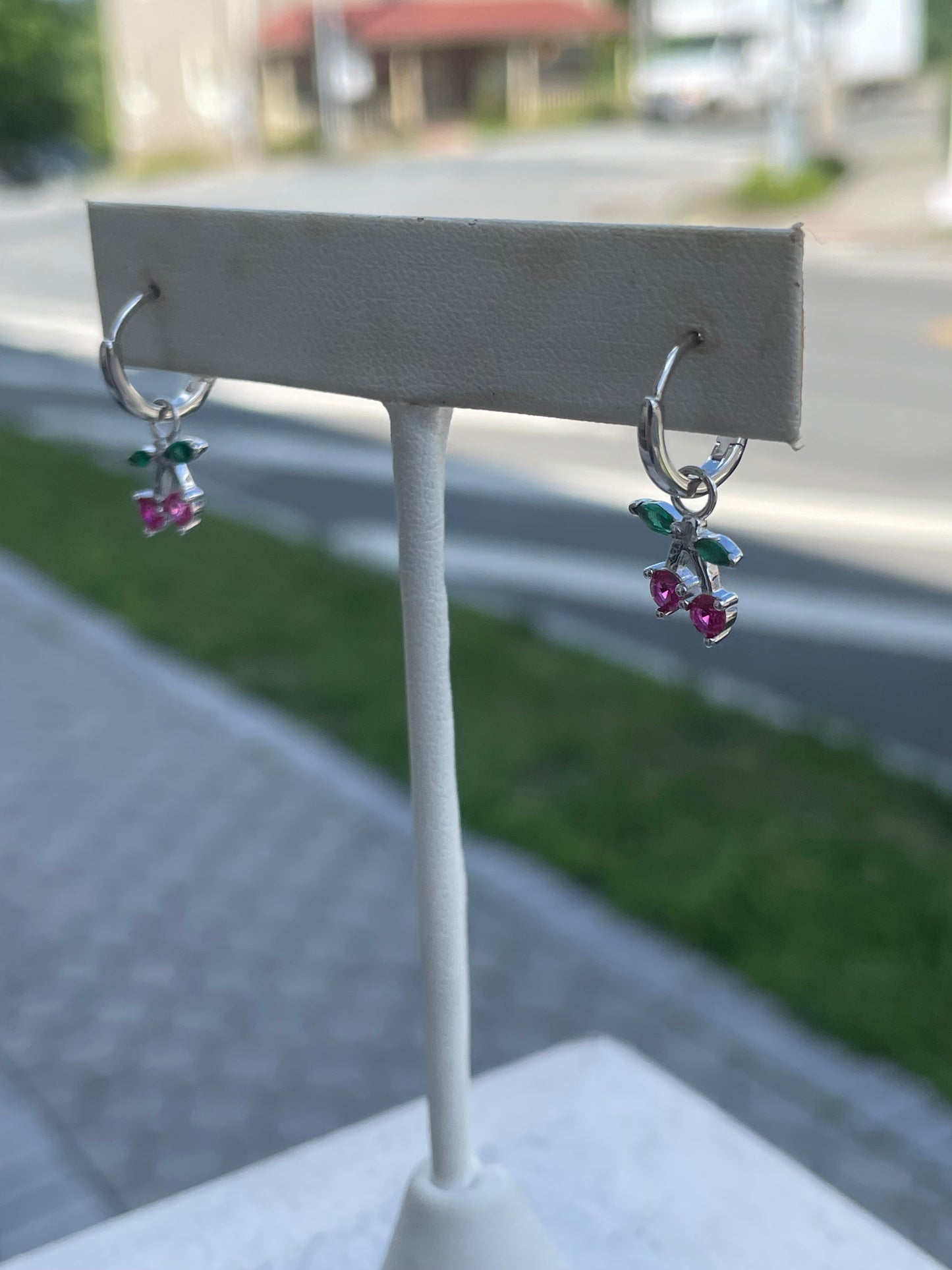 925 Sterling Silver Petite Cherry Dangle Huggie Hoop Earrings