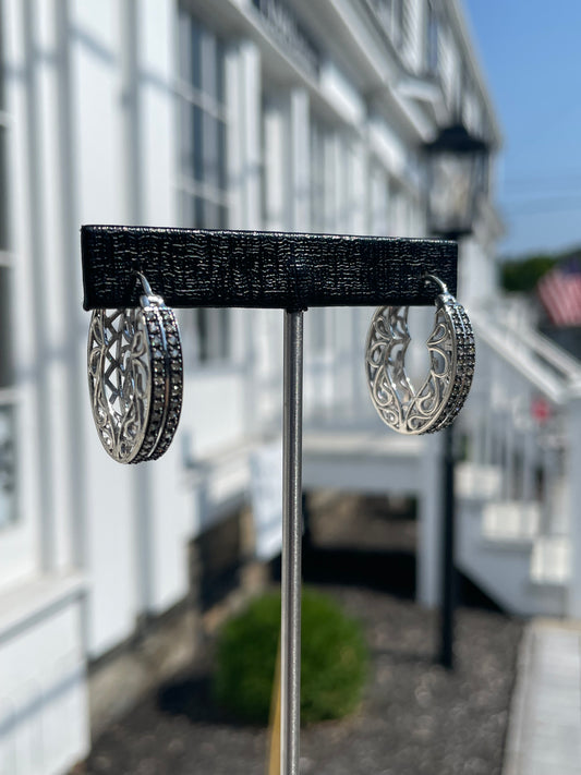 925 Sterling Silver .60ct Natural Diamond Oval Filigree Hoop Earrings
