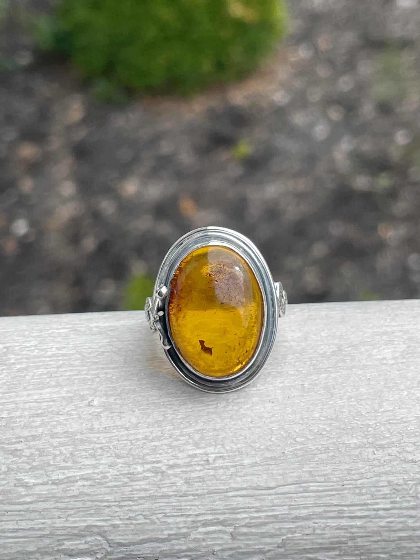 925 Sterling Silver Vintage Natural Amber Large Stone Ring Size 7 (U14)