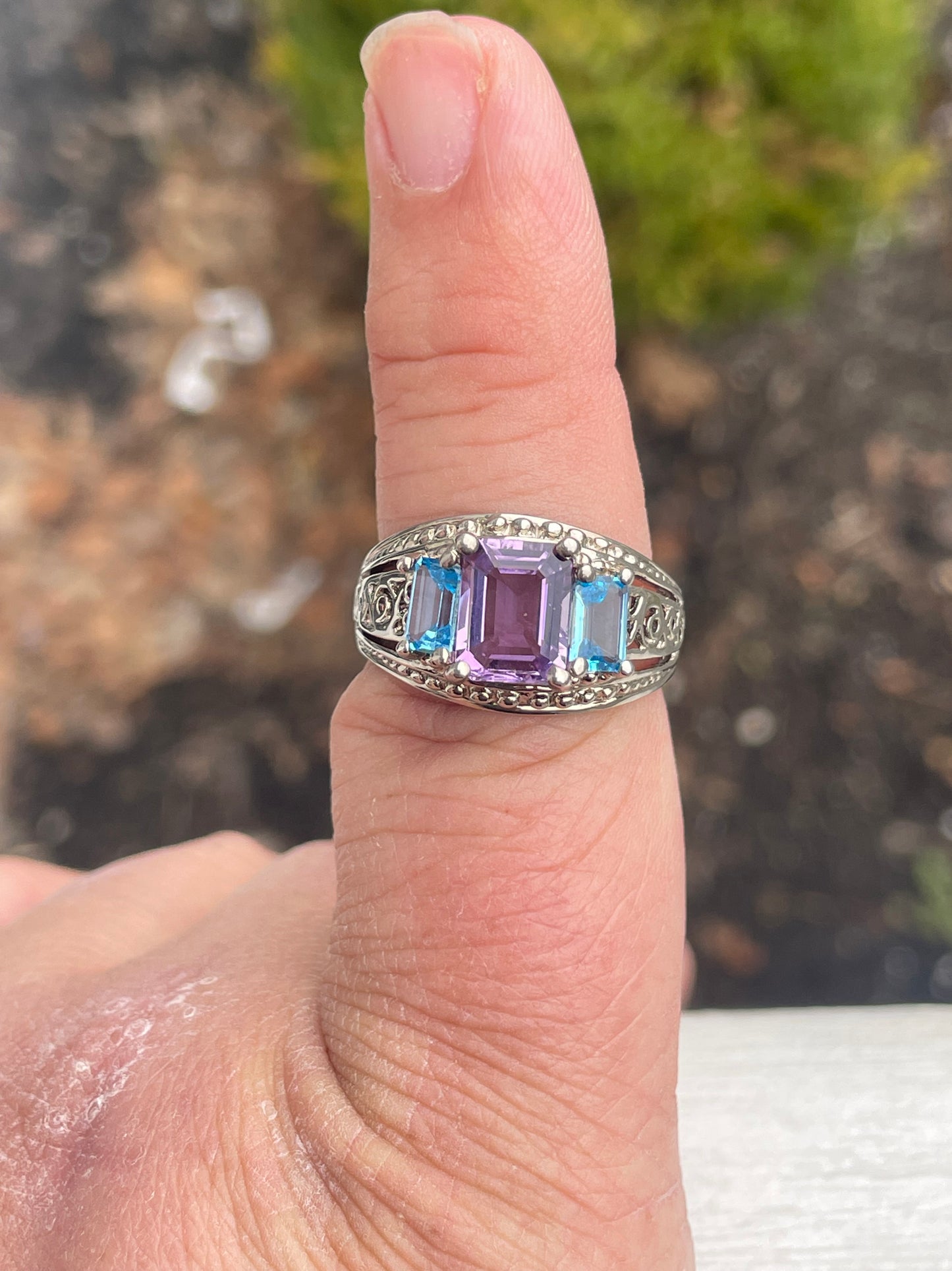 925 Sterling Silver Designer CJC past present future Blue topaz and amethyst ring size 10