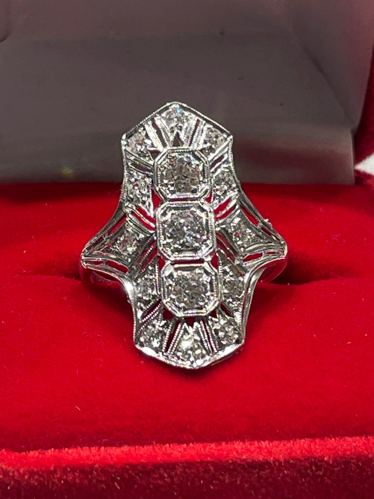 Antique Platinum Art Deco Past Present Future Ring Size 7.5