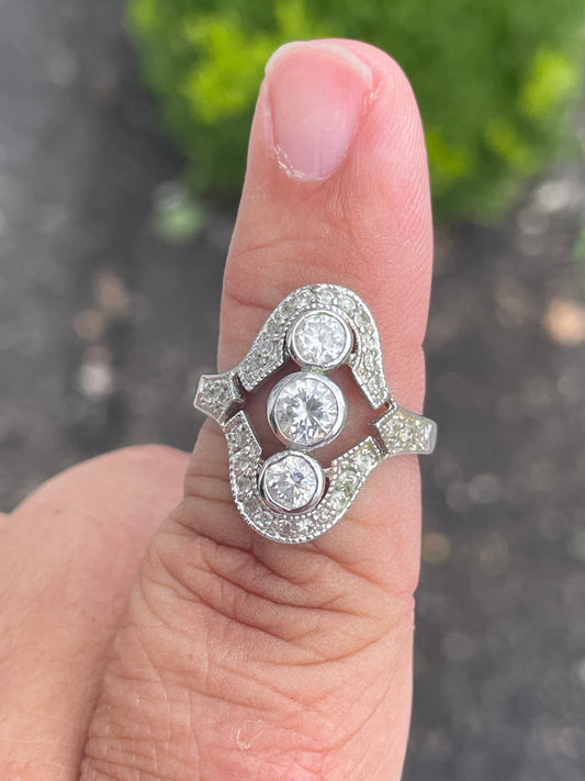 925 Sterling Silver Modern Art Deco Cz Past Present Future Ring Size 7.25