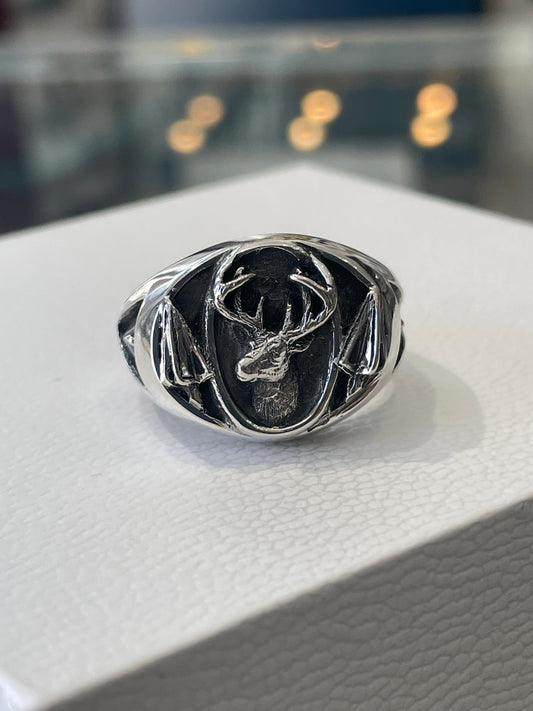 Silver Men’s Deer Stag Hunter Signet Ring 925 Sterling Size 10