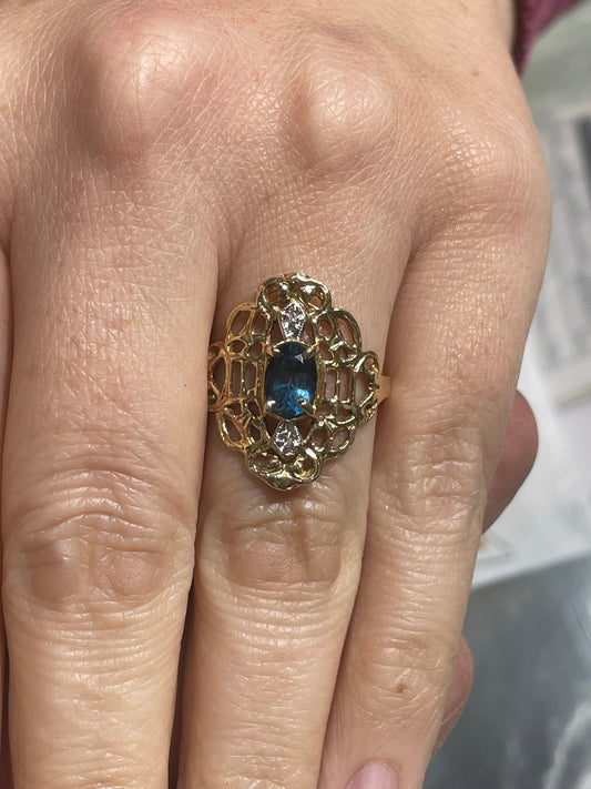 10k Gold Swiss Blue Topaz & Diamond Art Deco Ring Size 8