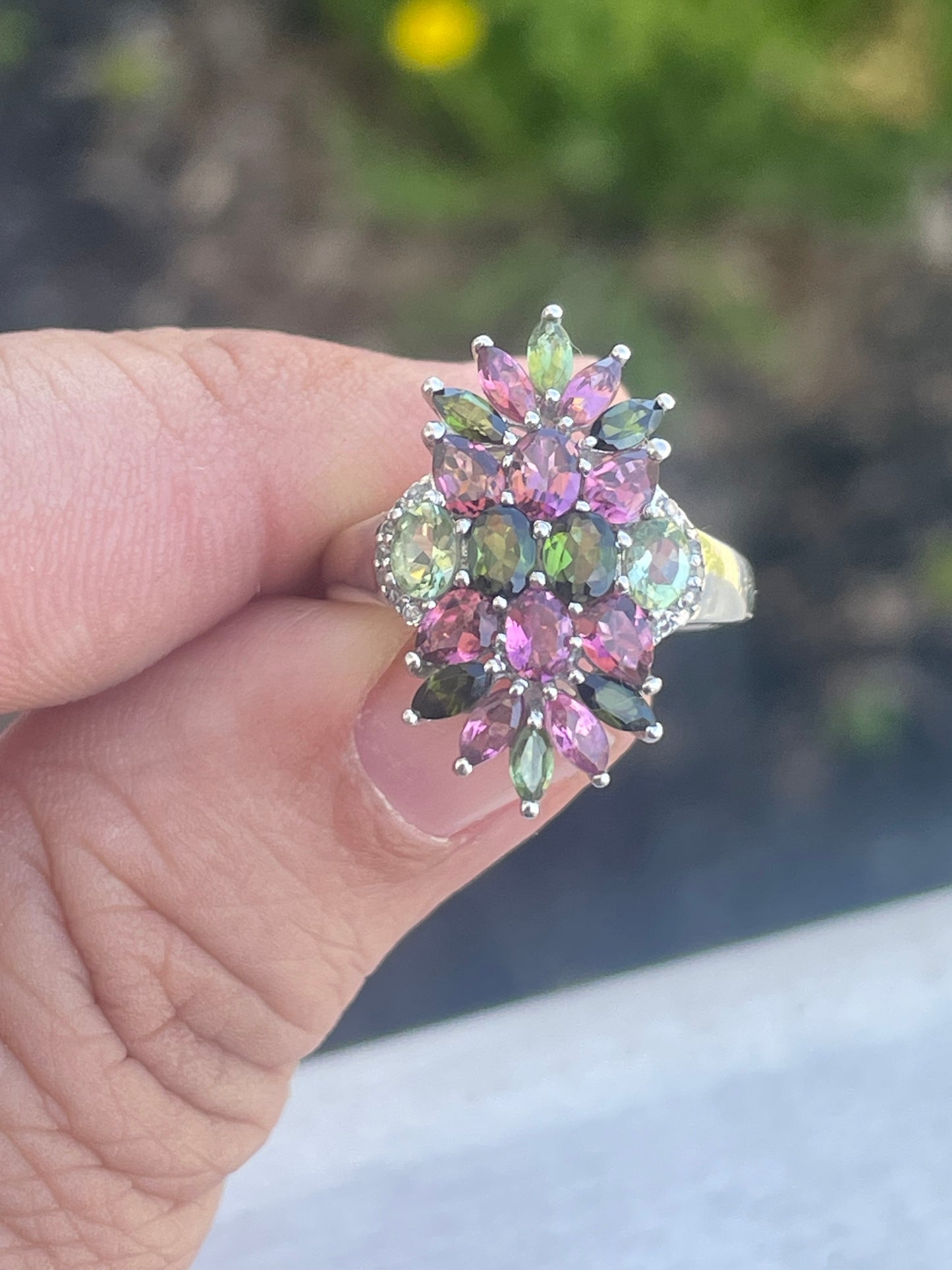 925 Sterling Silver Pink Tourmaline, Green Tourmaline & Praisolite Cluster Ring Size 6