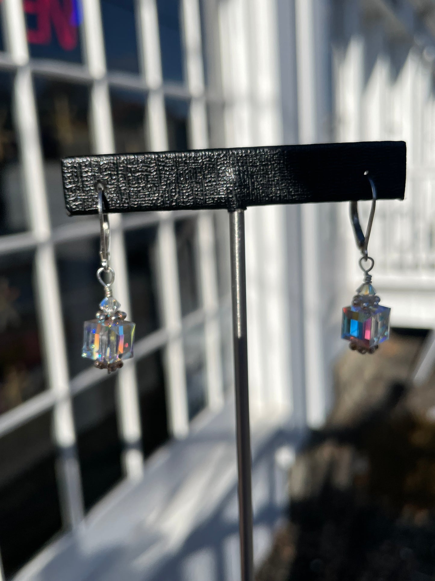 925 Sterling Silver AB Crystal Cube Dangle Earrings