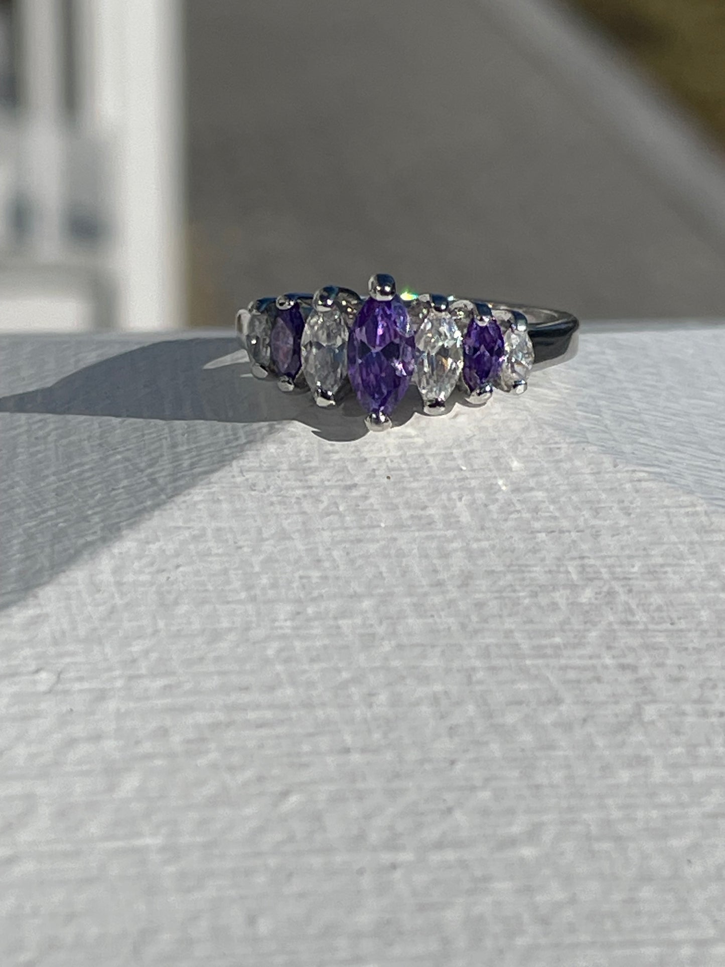 925 Sterling Silver 1980s Marquis Purple & Clear Cz Bridge Ring Size 8