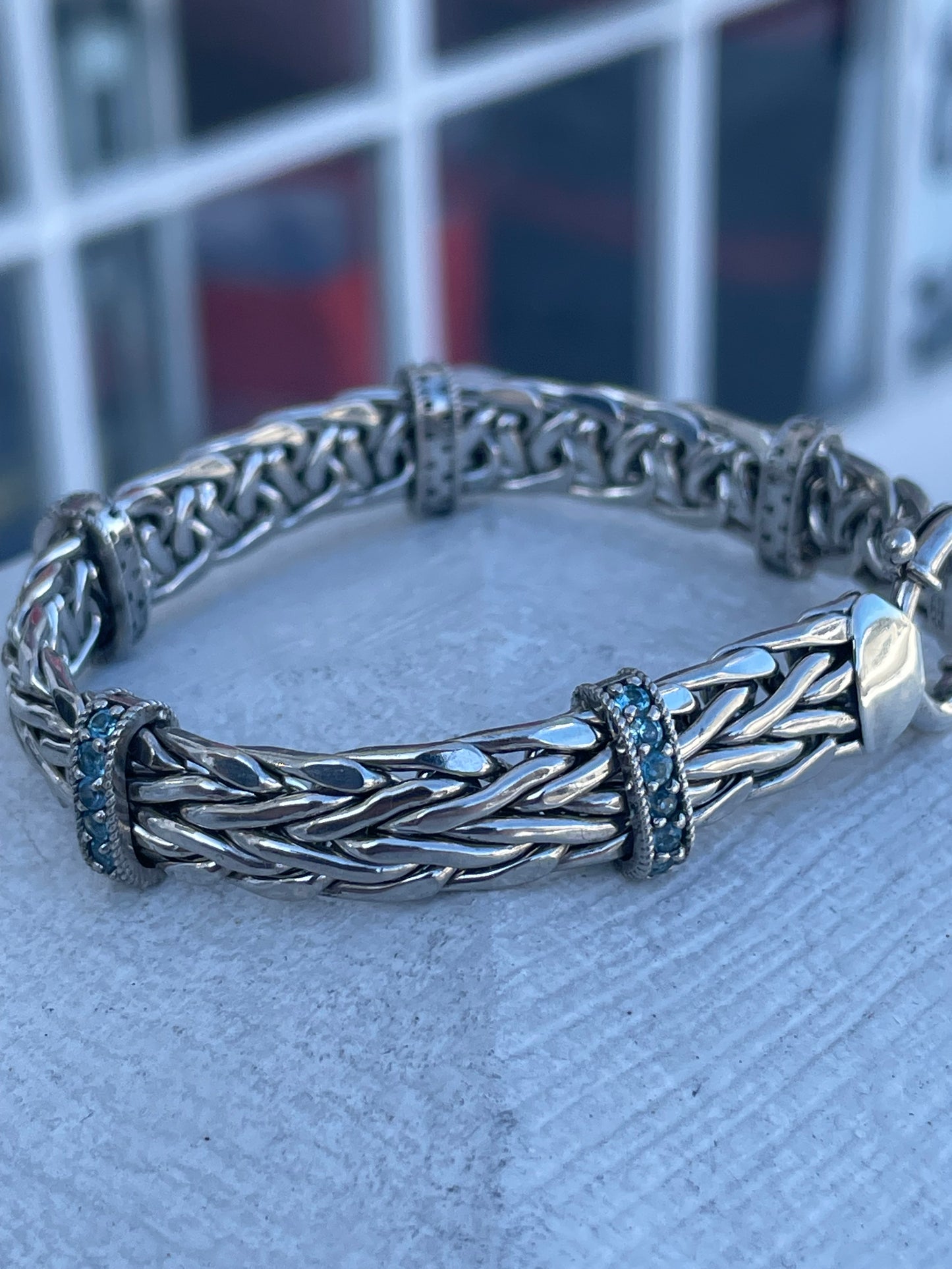 925 Silver Blue Topaz Station Woven Braided Bracelet 7”
