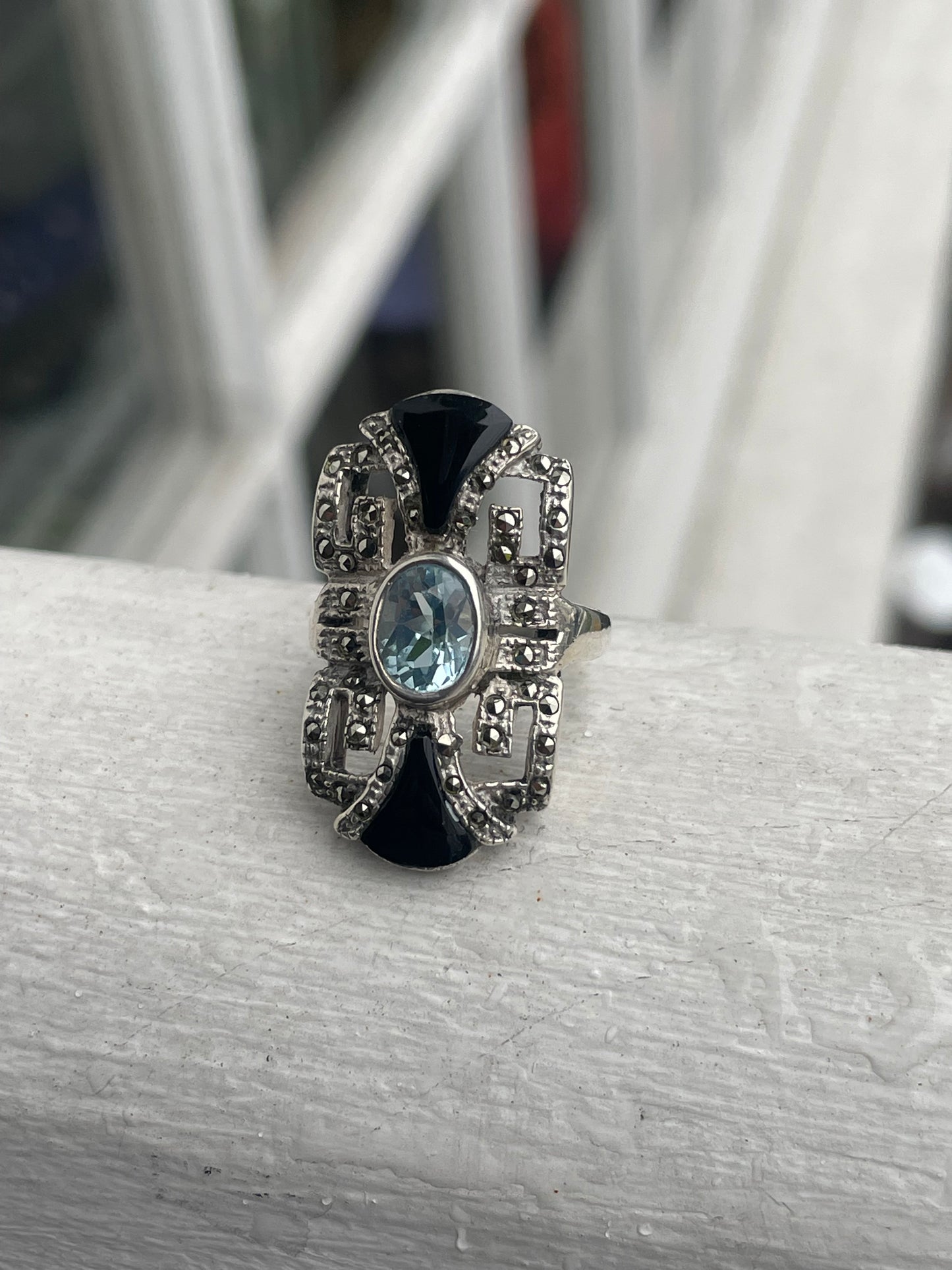 925 Sterling Silver Greek Key Blue Topaz + Black Onyx & Marcasite Cluster Ring Size 6