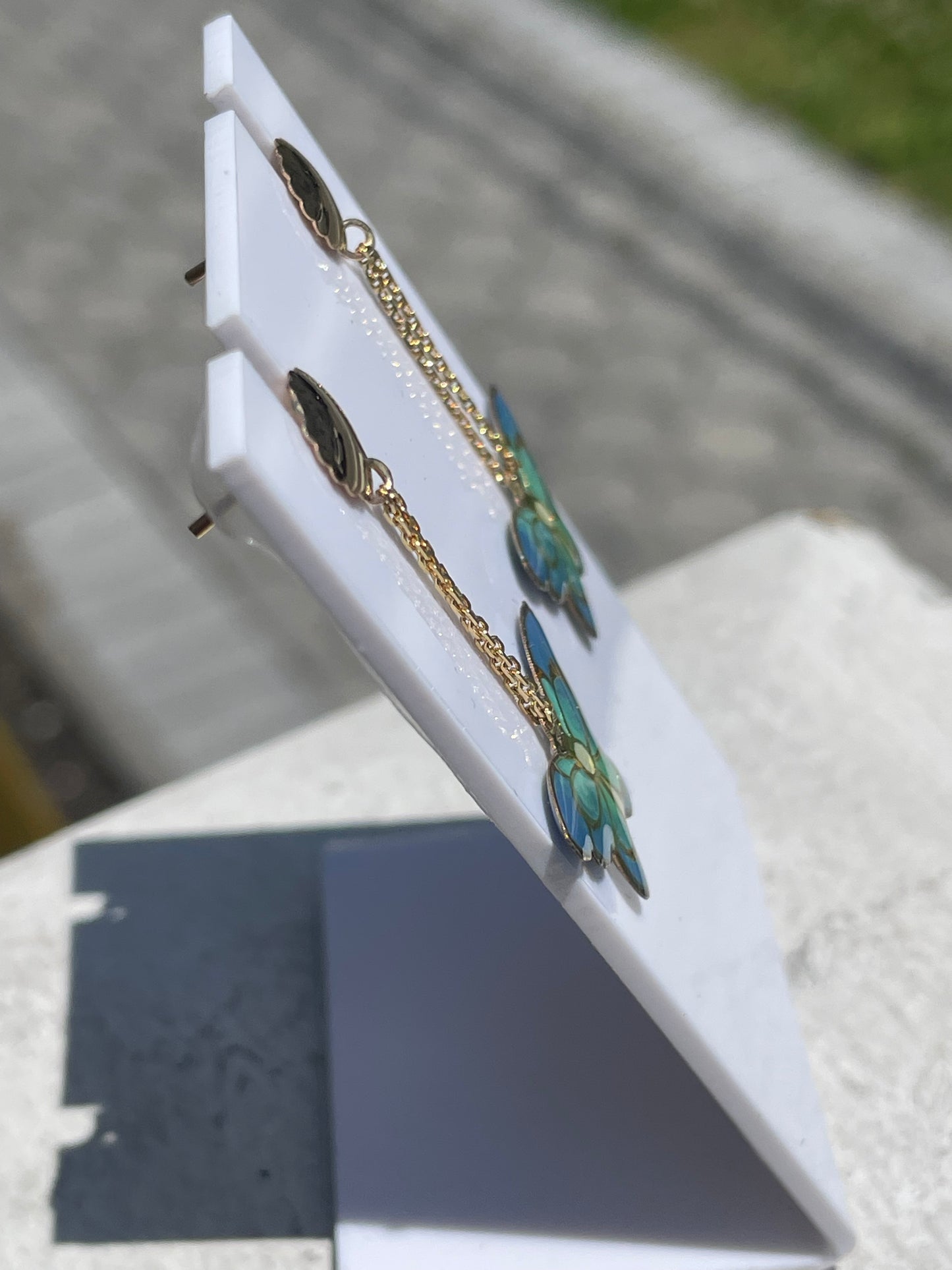 14k Gold Blue Enamel Butterfly Dangle Earrings