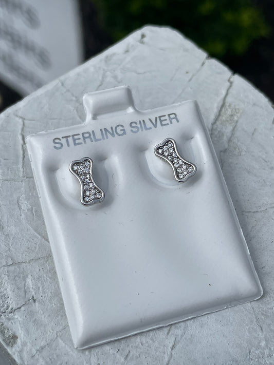 925 Sterling Silver Sparkling Dog Bone Stud Earrings