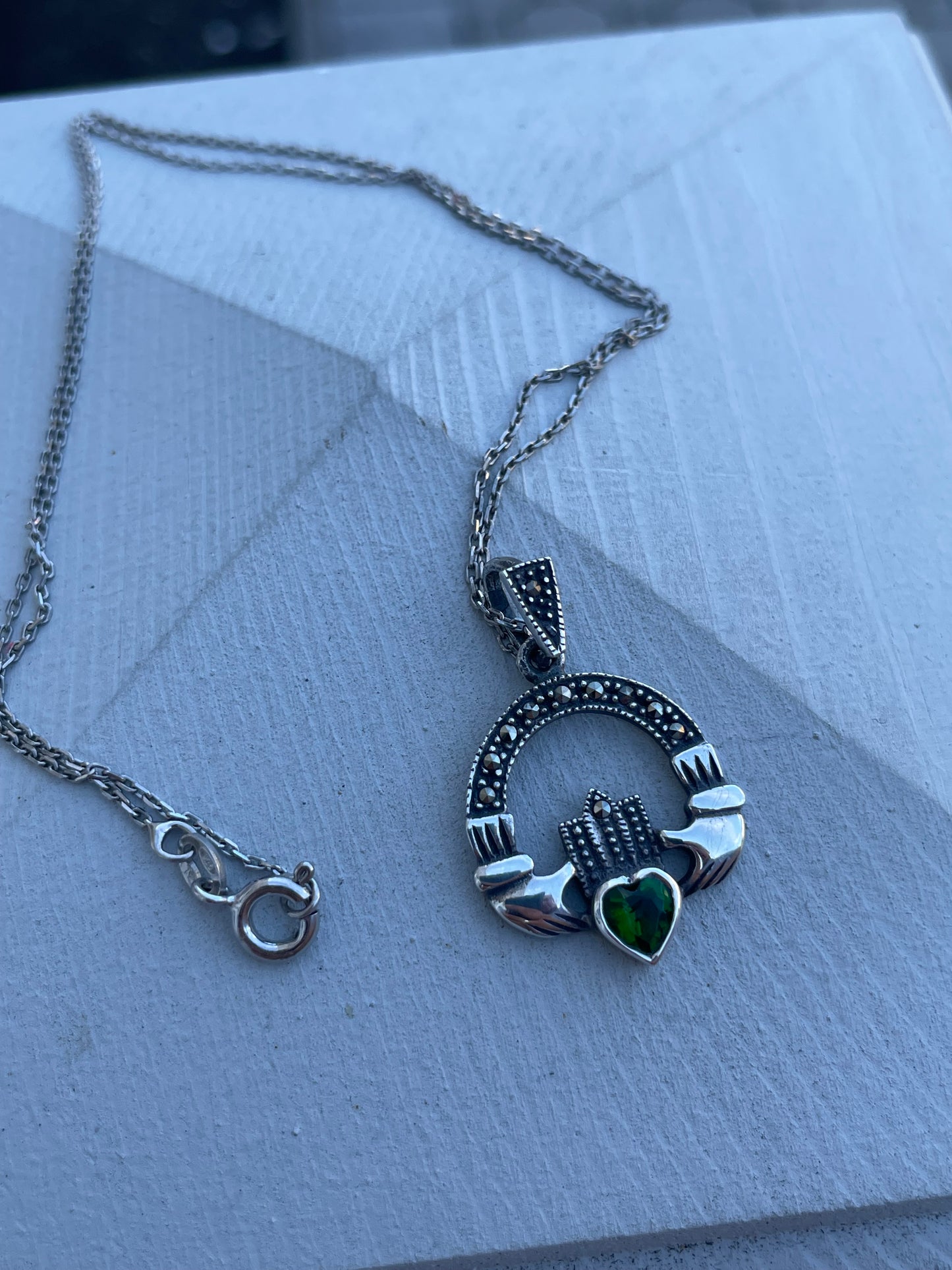 925 Sterling Silver Irish Claddagh Simulated Emerald & Marcasite Necklace