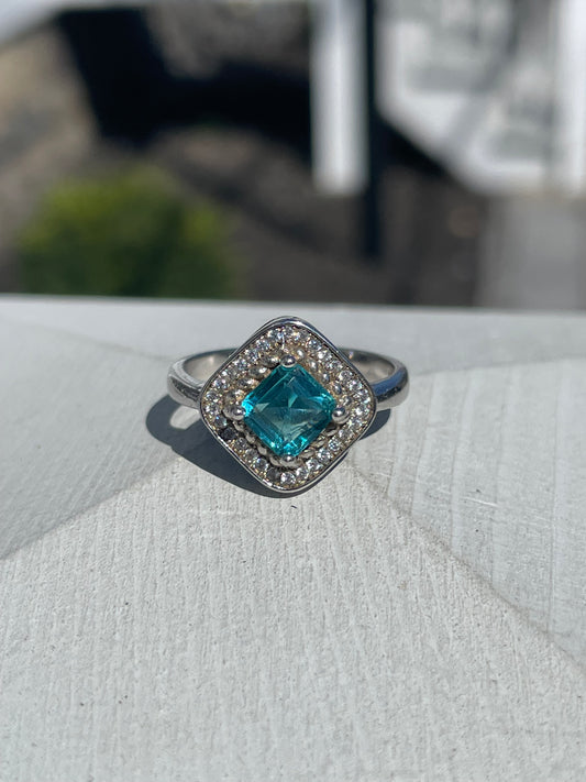 925 Sterling Silver Blue Topaz & Cz Statement Ring