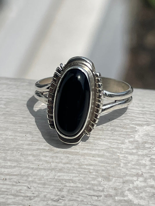 925 Sterling Silver Oval Black Onyx Bezel Set Solitaire Ring Size 7