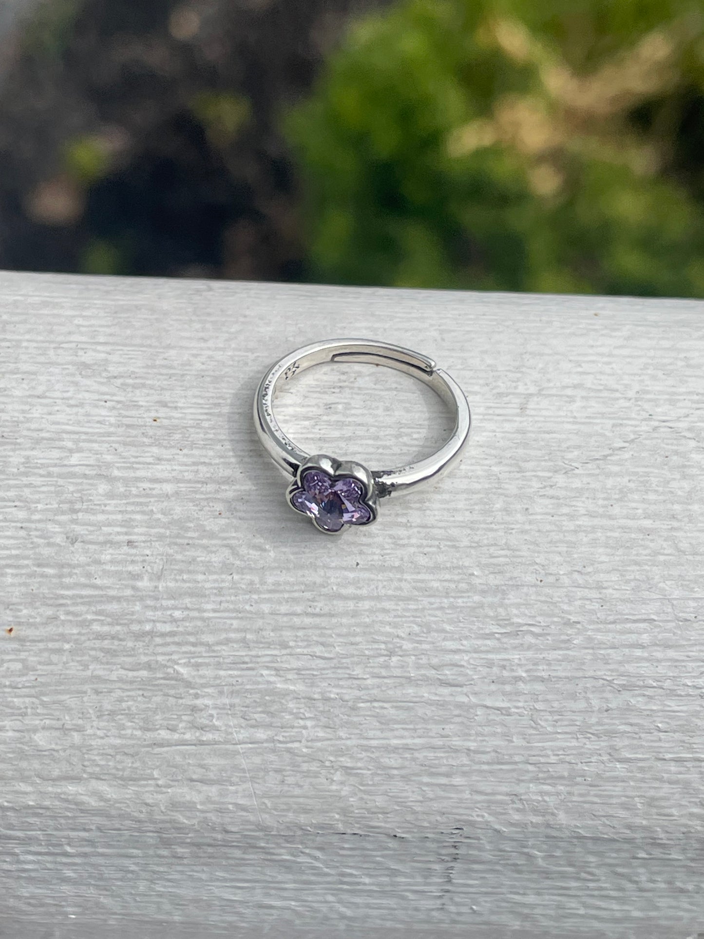 925 Designer KH Sterling Silver Girls Crystal Lavender Color Flower Ring ~ Open Size