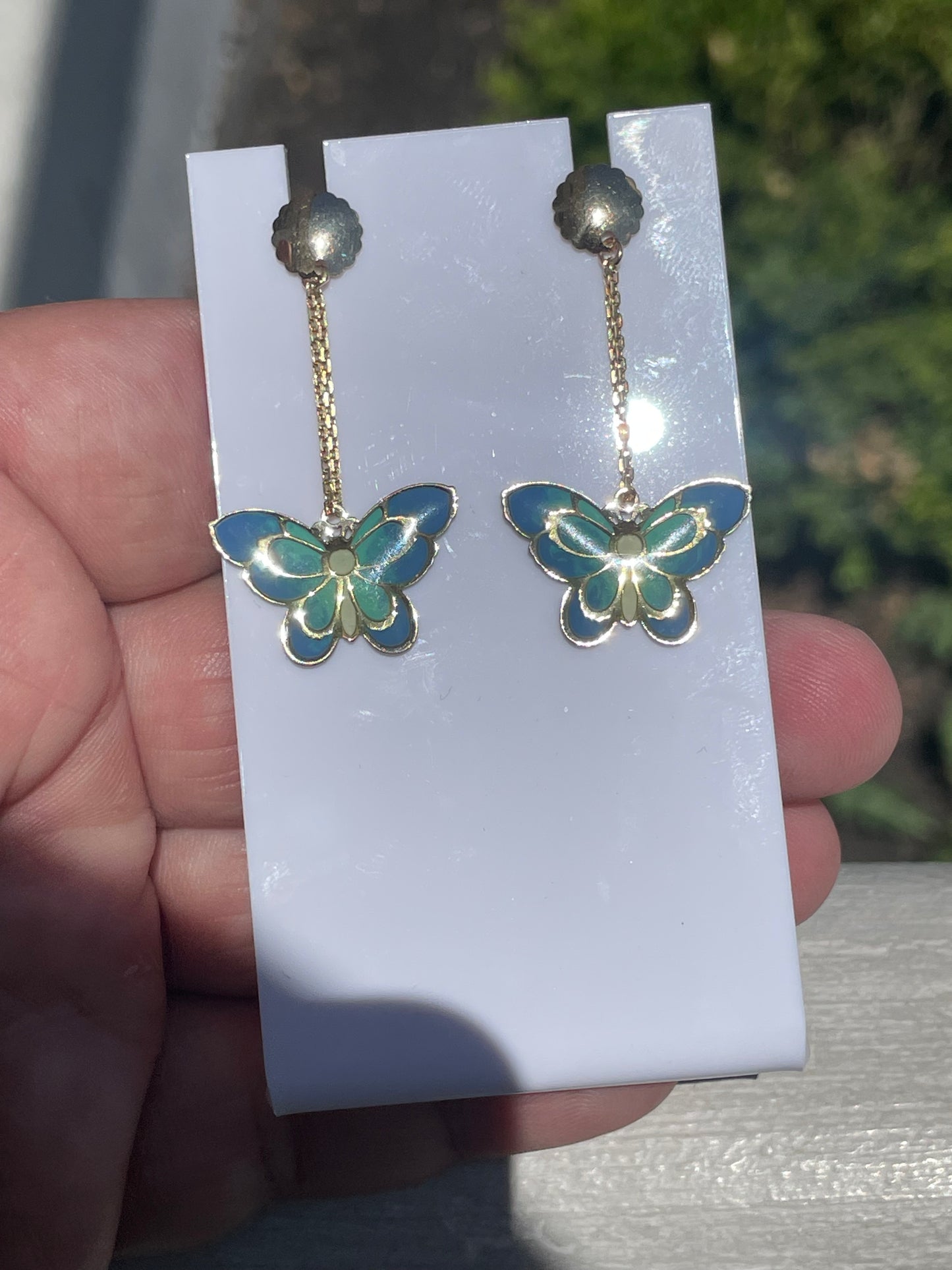 14k Gold Blue Enamel Butterfly Dangle Earrings