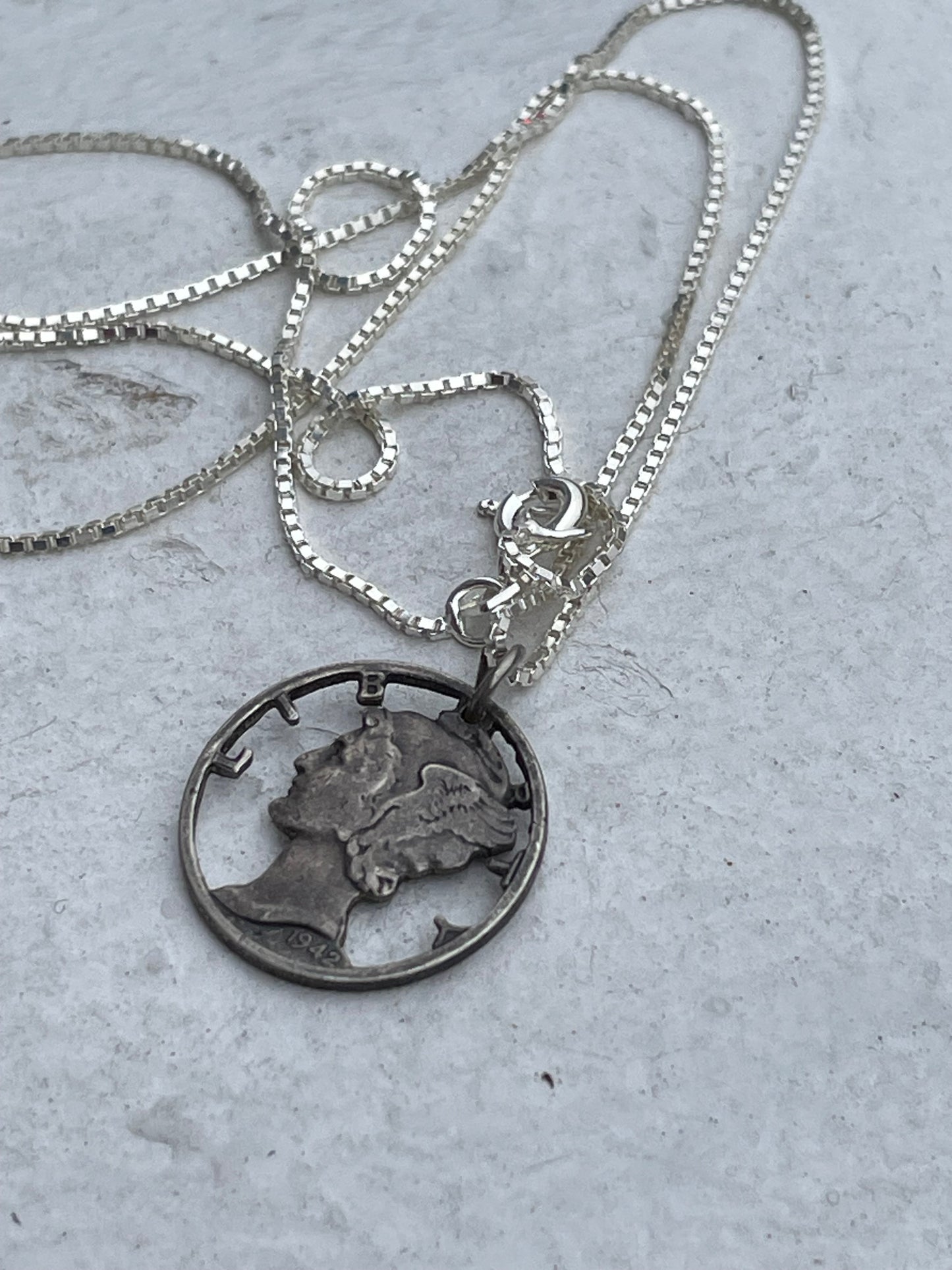 Silver Handmade Cutout Mercury Dime Necklace 18”